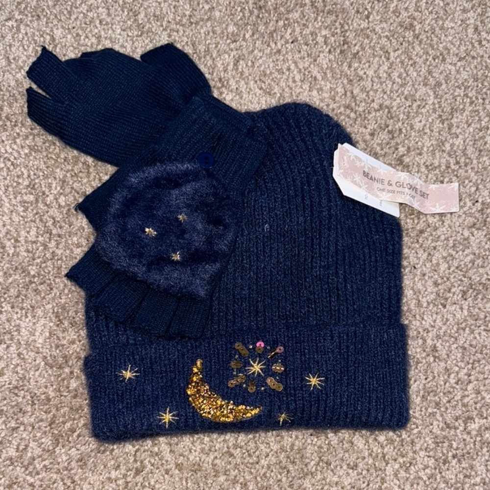 Kids Navy Blue and Gold Beanie & Glove Set